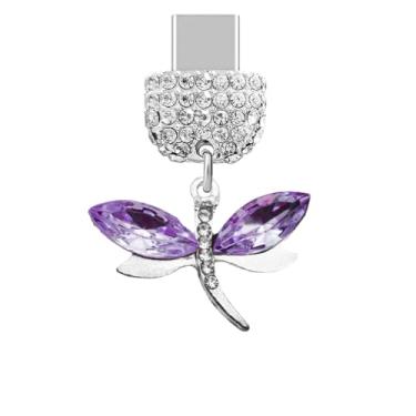 Imagem de ELISE & FONDA TP539 Tipo-C porta de carregamento cristal antipoeira pingente de celular Little Dragonfly para iPhone 15/16/Samsung/OnePlus/Xiaomi/oppo telefones Android (roxo), approx. 3 cm (L) x 0.5