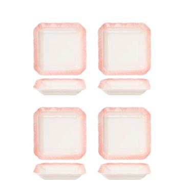 Imagem de Conjunto de tigela e prato de cerâmica simples e personalizado, tigela de arroz de cerâmica rosa para uso doméstico, tigela de sopa de macarrão, utensílios de mesa - prato profundo quadrado de renda