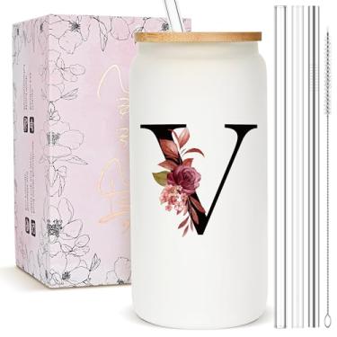 Imagem de Presentes personalizados para mulheres, copo de vidro fosco monograma com canudo e tampa, caneca personalizada fofa, copos de café gelado com inicial personalizada, copo de bebida personalizável,