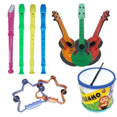 Imagem de Kit 4 Brinquedos Kit Musical Bumbo Violão Pandeiro Estrela Flauta Infa