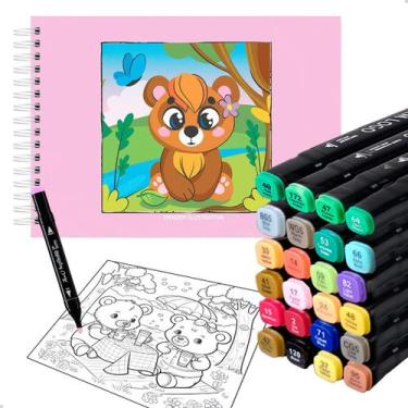 Imagem de Livro De Desenhos Divertidos Colorir + Conjunto 24 Canetinhas Ponta Du