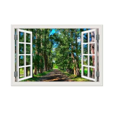 Imagem de Impressão em tela arte de parede vista de janela floresta verde estrada paisagem natureza fotografia realismo paisagem cênica colorida multicolorida sala de estar decoração de parede 20x30 cm