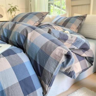 Imagem de LifeTB Capa de edredom xadrez de algodão lavado, King, azul, cinza, xadrez, 3 peças, capa de edredom com 3 peças, moderno, xadrez, guingão, conjunto de cama respirável