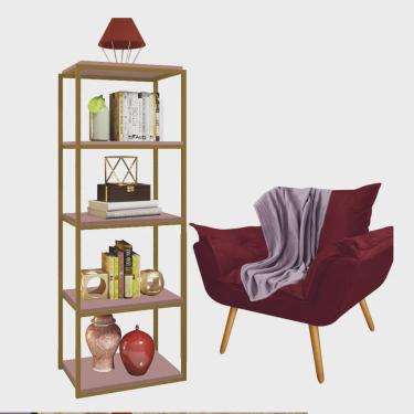 Imagem de Kit Poltrona Fatte com Manta Soft Lilás e Estante Livreiro Ferro Dourado mdf Rose Suede Bordô - Ahazzo Móveis
