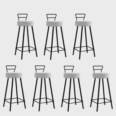 Imagem de Kit 07 Banqueta Alta Com Encosto Tina Eiffel Cozinha Bar Bistrô Ferro Preto Corino Branco - Ahz Móveis