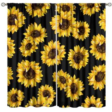 Imagem de Cortinas de girassol, preto, retrô, floral, girassóis, para casa, quarto, sala de estar, 107 cm L x 114 cm C
