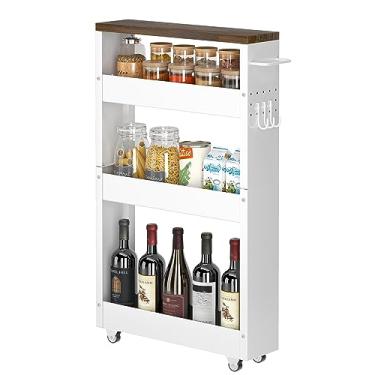 Imagem de CHLORYARD Carrinho de armazenamento fino, carrinho de rolamento de cozinha de 4 andares, armário de armazenamento estreito com alça e tampo de madeira, unidade de prateleira de metal para cozinha, banheiro, lavanderia, lugares pequenos (12,7 cm de largura/branco e marrom)