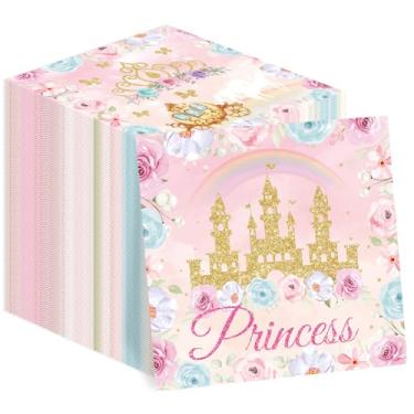 Imagem de 100 guardanapos com tema de princesa, guardanapos de festa de princesa de 33 x 33 cm, decorações de aniversário de princesa, guardanapos de princesa, para meninas, princesa, chá de bebê, suprimentos