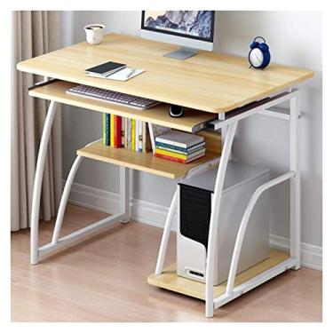 Imagem de AKALNNB Mesa de PC simples mesa de computador portátil com prateleira de armazenamento, escritório em casa, escritório, estação de trabalho de PC com suporte e bandeja de teclado, mesa de escritório