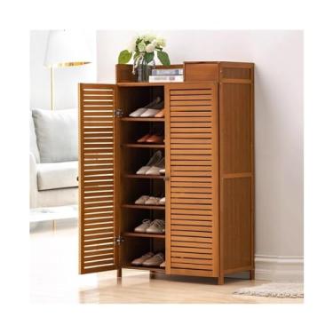 Imagem de LVEGHCR Armário de sapatos com 2 portas para entrada, armário de armazenamento de sapatos de 6/7/8 níveis, organizador de bambu independente para entrada da porta da frente