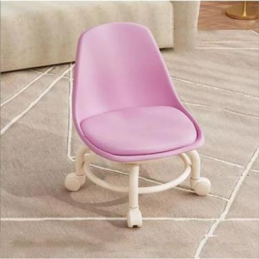 Imagem de LNGCLTEZ Mini banquinho móvel, banquinho redondo baixo, assento de rodízio de 360°, banco curto, couro PU com descanso traseiro, banquinho de rodinhas baixo e resistente, rosa