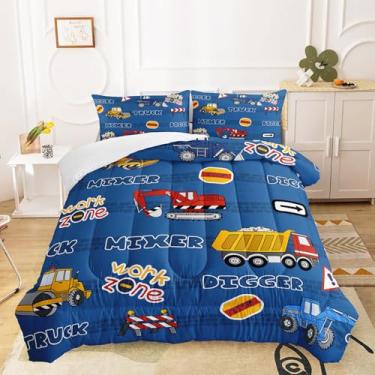Imagem de QOOMO Conjunto de edredom infantil de construção, para meninos e meninas, tamanho casal com desenho animado azul escuro, caminhão, carros, escavadeira, trator, edredom com 1 edredom e 2 fronhas