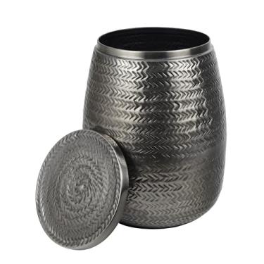 Imagem de happimess SSL2003B Jasper Mesa lateral de armazenamento de tambor metálico rústico moderno de 38 cm com tampa, mesa de canto para decoração na sala de estar, quarto, banheiro, níquel antigo