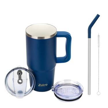 Imagem de Zukro Copo forrado de cerâmica de 680 g com alça e canudo, sem sabor de metal, caneca de café de aço inoxidável isolada com tampas à prova de derramamento para casa/escritório, sem suor, mantém as