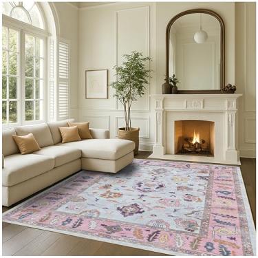 Imagem de Fame Rugs Tapete Oushak moderno rosa bege 25 x 33 cm, vintage turco colorido oriental lavável antigo inspirado em tapetes grandes, sala de estar de luxo para quarto (390 PP, 25 x 33 cm)