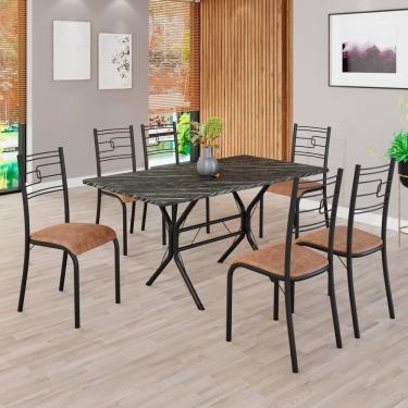 Imagem de Conjunto Sala De Jantar Mesa Retangular 140x75cm Tampo Pedra Ardósia Indiana 6 Cadeiras Paraty C. Marrom - Preto Fosco