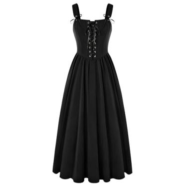 Imagem de Scarlet Darkness Vestido Renascentista Feminino com Cadarço Cottagecore Vestido Longo Sem Mangas Fantasia Medieval, Preto, GG