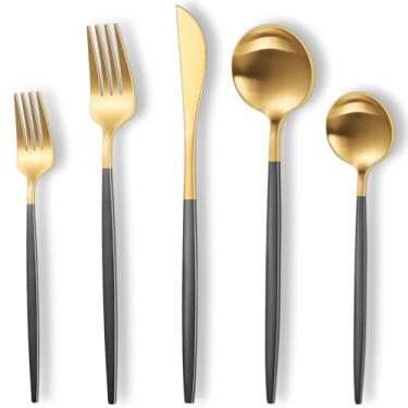 Imagem de Joincook Conjunto De Talheres Em Preto Fosco Dourado, Moderno Aço Inoxidável Com 30 Peças, Escovados Para 6 Pessoas, Utensílios Acabamento Acetinado, Cozinha E Restaurante, Lavável Na Máquina Lavar