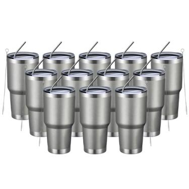 Imagem de MEWAY Copo Térmico De 30 Oz Com Tampa E Canudo, Café A Vácuo Duplo Aço Inoxidável, Escova, Revestimento Em Pó Durável Para Bebidas Quentes Frias, Escritório, Viagem (Cinza Frio, Pacote 12)