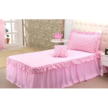 Imagem de Conjunto de Colcha Solteiro Princesa, 3 Peças, Rosa com Babados e Poás, Inclui Fronha Decorativa