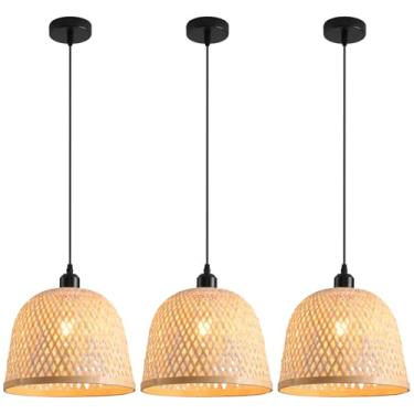 Imagem de Teru Ji Kaikang Luminária Pendente De Bambu Trançado À Mão, 11,02", Lustre, Pacote Com 3 Luminárias Suspensas Teto Em Rattan, Para Sala Estar, Cozinha, Jantar, Estilo Fazenda
