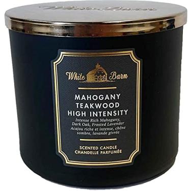 Imagem de White Barn Candle Company Bath and Body Works Vela perfumada de 3 pavios com óleos essenciais - 411 g - Madeira de teca de mogno (alta intensidade - preta)