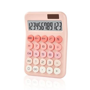 Imagem de KANBIT Calculadora de mesa pequena com tela LCD grande e botão sensível, energia solar dupla e alimentada por bateria para escritório, escola, aula e negócios (rosa)