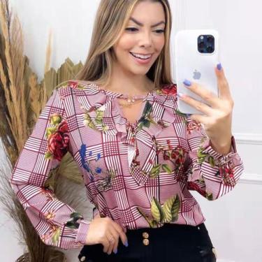 Imagem de Blusa Chiffon Floral Gola Babado Manga Longa - Vitrine Colleciton, Cin