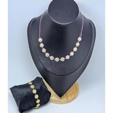 Imagem de Kit Conjunto Colar choker Feminino + Pulseira Flores Margaridas Branca