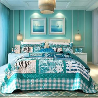 Imagem de Djoymock Conjunto de colcha tamanho king costeiro, 3 peças, colcha de praia de verão, leve, tema verde oceano, xadrez, patchwork, conjunto de cama com fronhas, edredom de microfibra reversível para