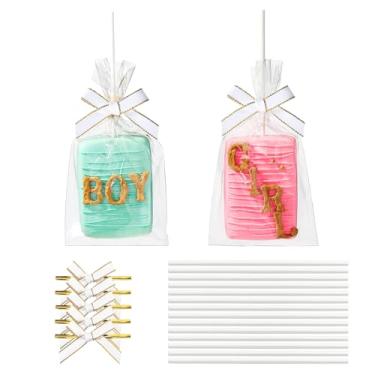 Imagem de RomanticBaking 50 conjuntos de sacos transparentes de arroz Krispie com laço de fita branca e palito e sacos lisos de celofane transparentes para petiscos de arroz Krispie Saco de presente (branco)