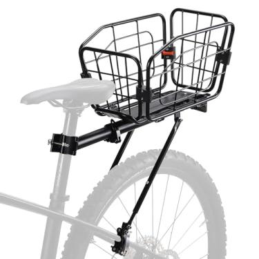 Imagem de ANGGOER Rack de carga para bicicleta com cesta, suporte traseiro de 75 kg, suporte traseiro para bicicleta – liberação rápida e ajustável, suporte traseiro de liga de alumínio com cordão elástico gratuito e capa à prova d'água