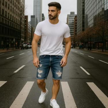 Imagem de Bermuda Jeans Masculina Rasgada Casual Homem Slim 474 - IRON, Azul, 44