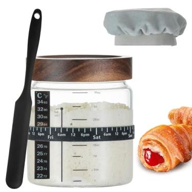 Imagem de Wissy&Konny Pote Para Fermento Natural De 35 Oz Com Escala Onça, Faixa Alimentação Data Marcada, Termômetro, Raspador, Capa Pano E Tampa Madeira, Boca Larga Assar Pão