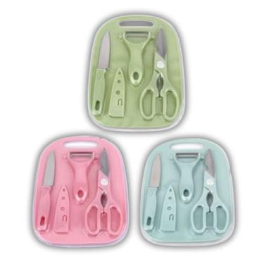 Imagem de Kit Completo de Utensílios de Cozinha 4 Peças – Faca com Protetor, Tesoura Multiuso, Descascador Afiado e Tábua Antibacteriana em Cores Sortidas