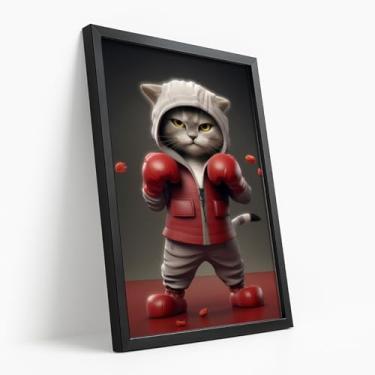 Imagem de Quadro Decorativo Gato Boxeador Roupa Vermelha Arte Divertida Animal Estilo Moderno Criativo Parede Infantil Com Moldura