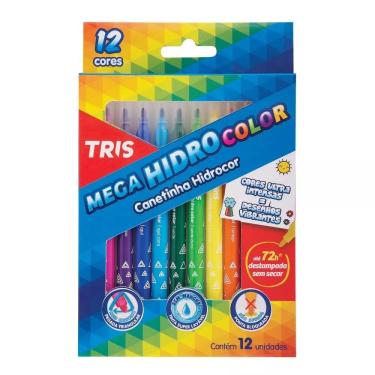 Imagem de Tris Canetinha Hidrocor 12 Cores Ponta Fina Tinta Super Lavável 72h Mega Hidro Color