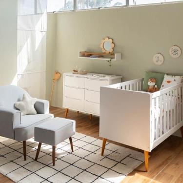 Imagem de Kit Quarto Theo com Pés Retrô Mel - Berço + Cômoda 6 Gavetas + Poltron