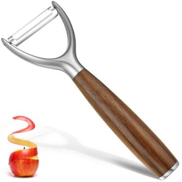 Imagem de JUSEEPO Descascador profissional de legumes, descascador de frutas de cozinha giratório, lâmina de aço inoxidável 304 afiada tipo Y, cabo de madeira de aderência confortável, adequado para maçãs