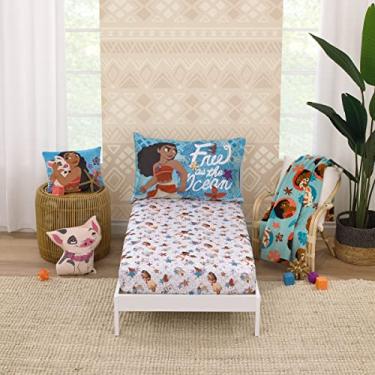 Imagem de Disney Moana Conjunto de lençol infantil de 2 peças Free as The Ocean Aqua, roxo, laranja e branco tropical – lençol de baixo com elástico e fronha reversível