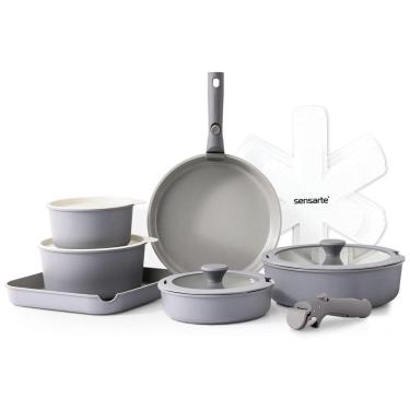 Imagem de Jogo de Panelas e Frigideiras Antiaderentes, Material em Alumínio com 17 Peças e Cabo Removível, SENSARTE, Cinza