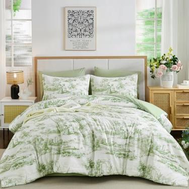 Imagem de WONGS BEDDING Conjunto de edredom casal, verde sálvia com lençóis, 7 peças de cama elegante com estampa botânica em uma bolsa, conjunto completo de microfibra macia para todas as estações