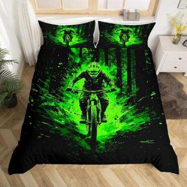 Imagem de Feelyou Conjunto de cama infantil Dirt Bike, tamanho casal, capa de edredom para motocicleta, motocross, ultramacia, roupas de cama para esportes radicais, decoração de quarto de motocicleta, verde