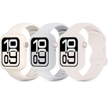 Imagem de Pacote com 3 pulseiras de silicone macio com capa protetora para Apple Watch séries 11/10/9/8/SE/7/6/5/4/3 de 38 mm, 40 mm, 41 mm, 42 mm, 44 mm, 45 mm e 46 mm, pacote com 3 unidades