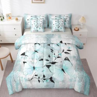 Imagem de Erosebridal Conjunto de edredom solteiro de borboleta aquarela com lençol com pintura a óleo abstrata, 7 peças, borboletas, rústico, casa de fazenda, ombré, turquesa, cinza, branco, conjunto de colcha