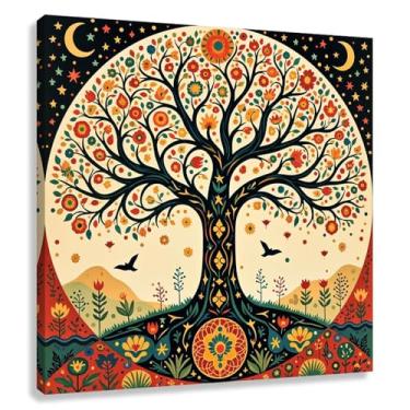 Imagem de Árvore da Vida Arte de Parede Impressão em Tela com Harmonia Decor Fotos Cores Quentes Natureza Flores Pássaros Pintura 50x50cmx1