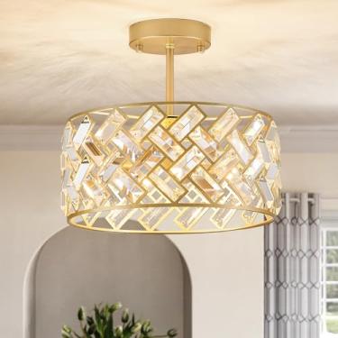 Imagem de Lustres modernos de cristal dourado, pequeno lustre de montagem semi-embutida 4 luzes 30 cm tambor de cristal luminária pendente para hall de entrada, cozinha, corredor, sala de jantar