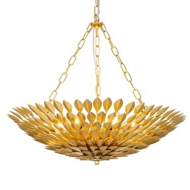 Imagem de TOCHIC Lustre de folha dourada, lustre de casa de fazenda com 6 luzes para sala de jantar, luminária de teto moderna para hall de entrada, lustre de teto alto vintage para quarto, entrada, 61 cm D