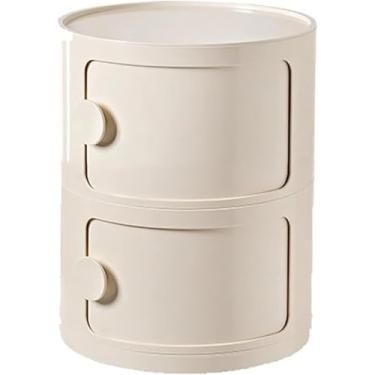 Imagem de Mesa De Cabeceira Redonda Com Gavetas, Pequena Mesa De Cabeceira Com Armazenamento, Armário De Armazenamento Com Portas De Correr, Mesa De Cabeceira Estreita, Baú De Mesa De, White, 2 tier
