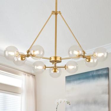 Imagem de AIRYPHANT Lustre Sputnik de 9 luzes, luminárias modernas de teto douradas de meados do século, lustre de globos de vidro transparente para sala de jantar, sala de estar